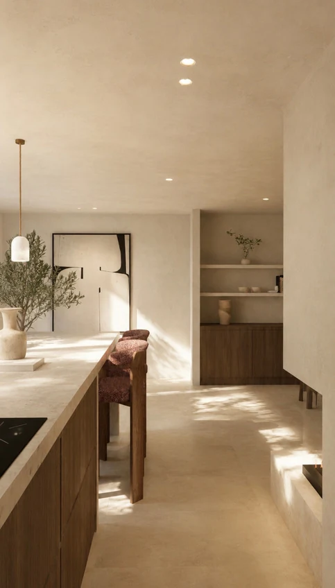 Interieur met een kookeiland, hanglampen en warme, lichte materialisatie.